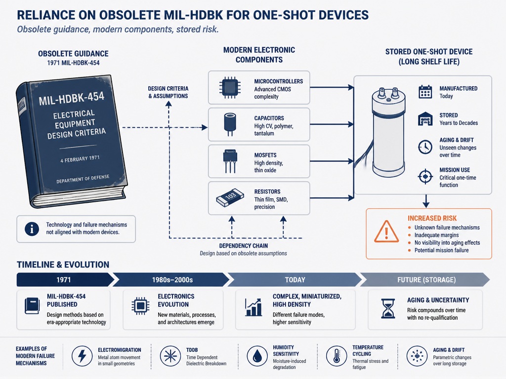 MIL-HDBK-217의 한계와 장기 저장되는 One-shot Device의 신뢰도 분석 어려움을 설명하는 이미지