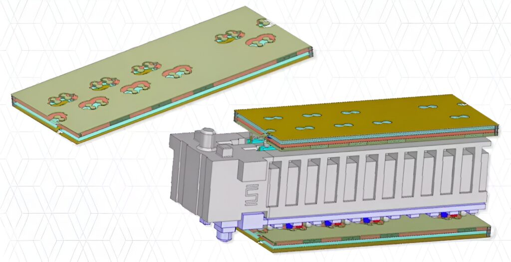 Samtec NovaRay Extreme Density Array 제품군의 핀 배열, 비아, PCB 스택업, 커넥터 구조를 Ansys HFSS로 모델링한 고속 인터커넥트 설계 이미지