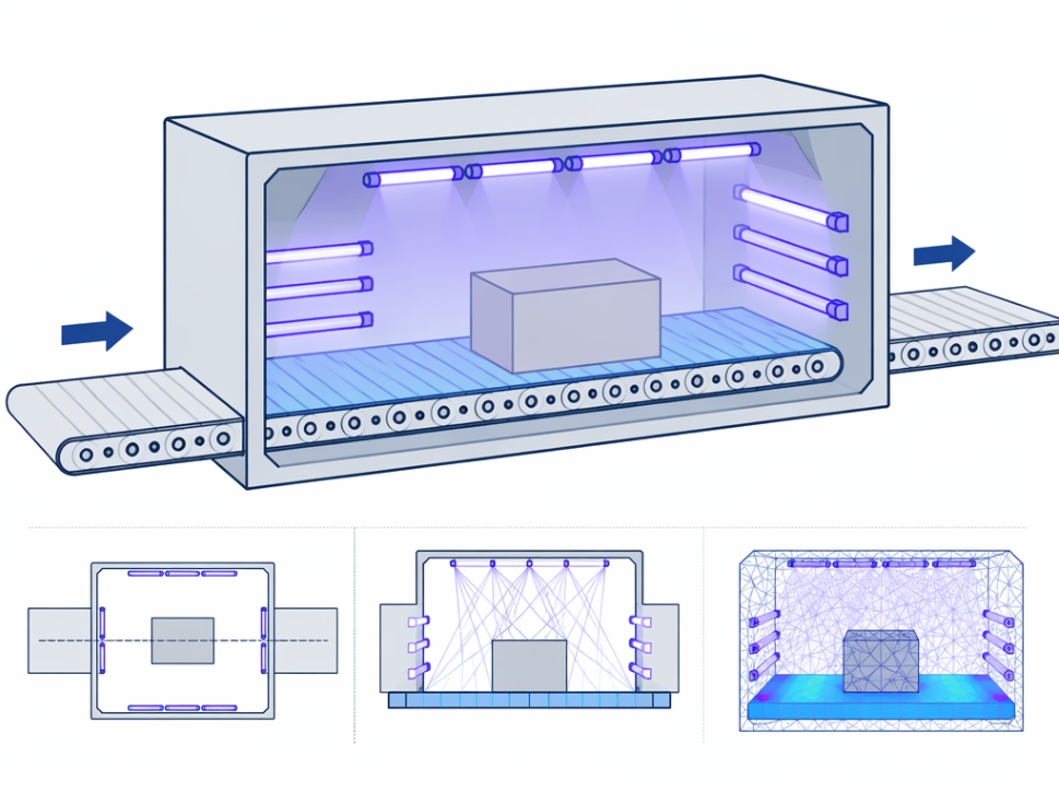 UV-C 살균장비의 구조체, 광원, 바닥, 이동 물체를 간략화하여 SPEOS 해석 모델로 구성한 이미지