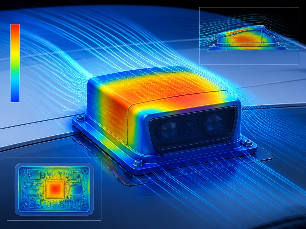 Ansys Icepak으로 센서 주변 공기 흐름과 센서 온도 영향을 시뮬레이션하는 모습