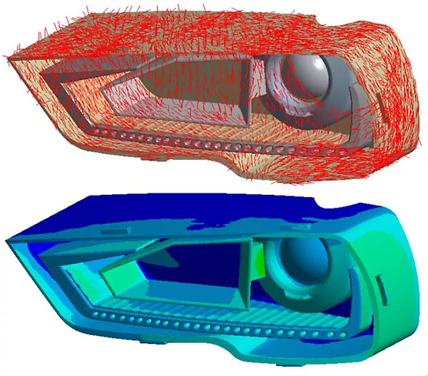 Ansys Mechanical로 사출 성형 단섬유 강화 플라스틱 자동차 헤드램프를 시뮬레이션하는 모습