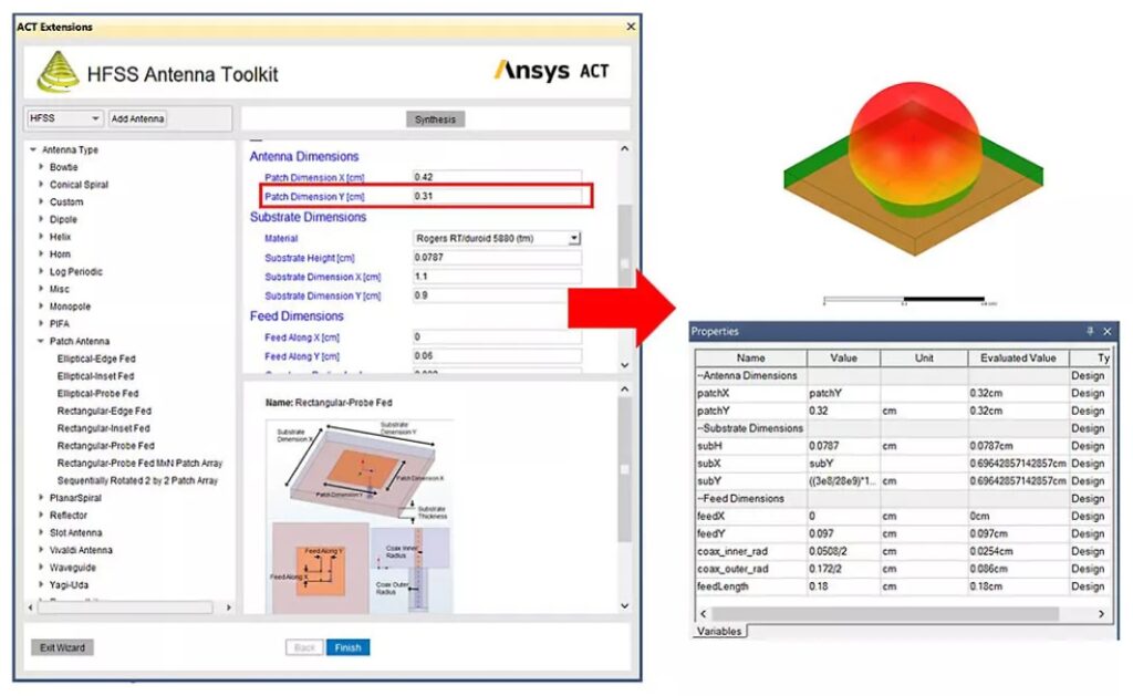 5G 배열 안테나 설계에서 Ansys HFSS를 활용해 3D 방사 패턴과 빔 조향 특성을 분석하는 이미지