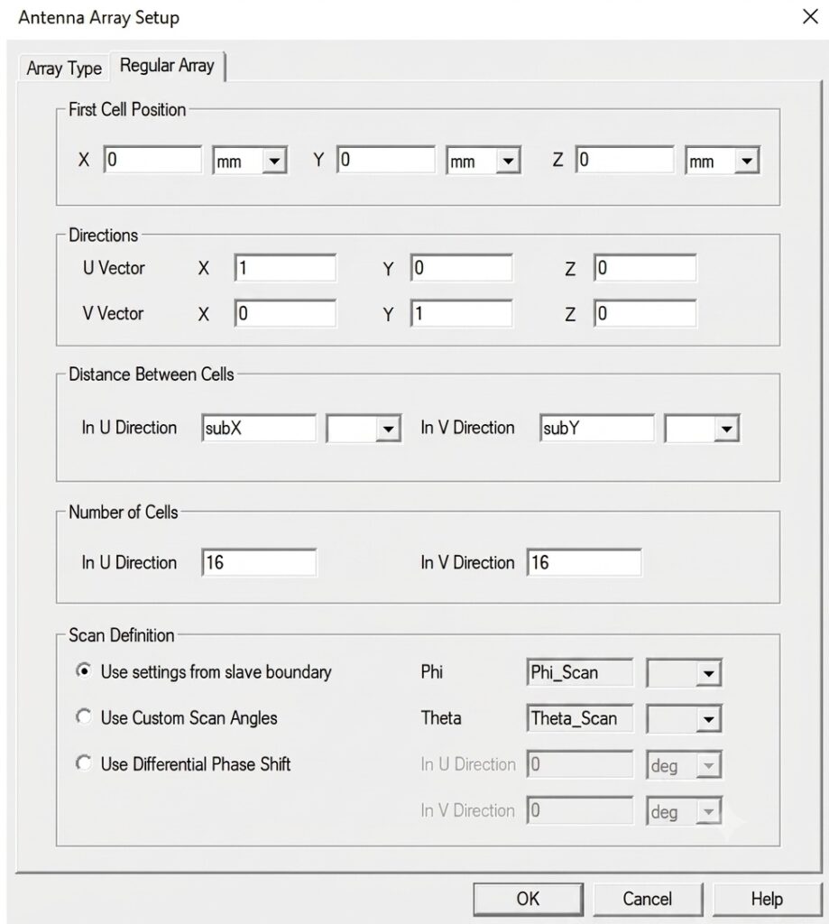 Ansys HFSS에서 5G 배열 안테나 설계를 위해 Array Setup 창에서 배열 타입, 셀 간격, 셀 개수, 스캔 각도를 설정하는 이미지