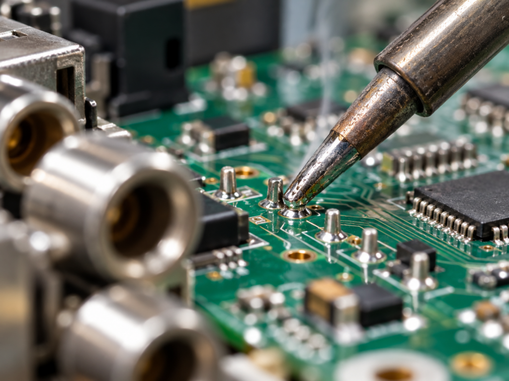 PCB 납땜 접합부와 전자부품 주변에 남아 있는 플럭스 잔여물