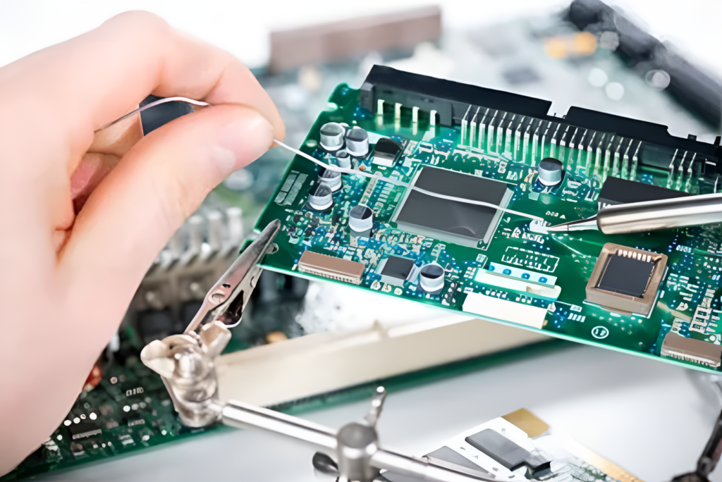 작업자가 전자회로기판 PCB를 고정하고 납땜하는 수동 솔더링 작업