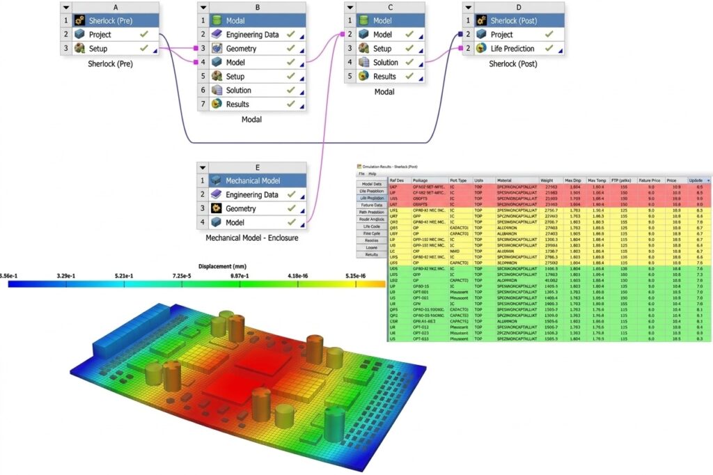Ansys Sherlock과 Ansys Workbench를 연동해 PCB 열 해석, 전자기기 신뢰성 예측, 수명 예측 결과를 확인하는 워크플로우 이미지