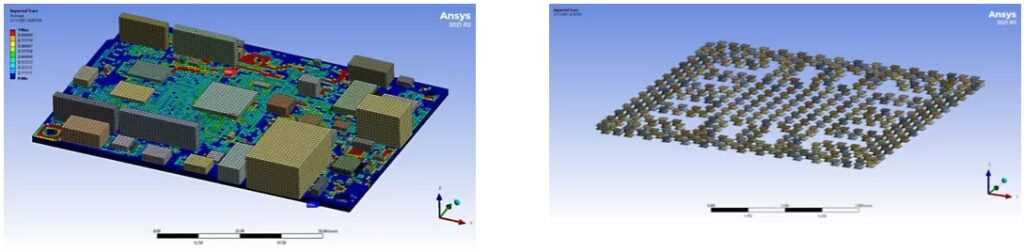 Ansys Sherlock 2021 R2에서 PCB 전체 메쉬 모델과 BGA 솔더 볼 서브모델을 활용해 전자기기 신뢰성을 해석하는 이미지