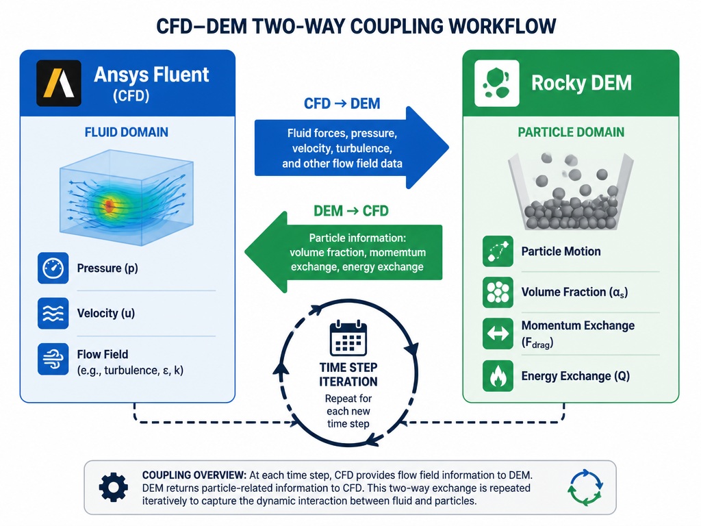 Ansys Fluent와 Rocky DEM의 양방향 커플링 구조를 보여주는 CFD-DEM 연성 해석 다이어그램