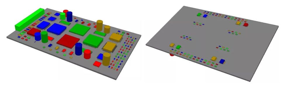 신뢰성 물리 분석 RPA에서 PCB 부품 배치와 보드 형상을 반영한 3D 모델 예시
