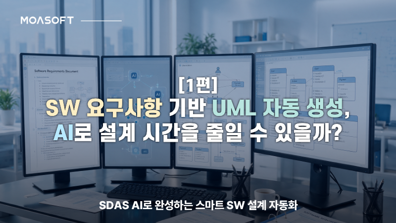 SW 요구사항 기반 UML 자동 생성과 AI 설계 시간 단축을 설명하는 모아소프트 블로그 대표 썸네일 이미지