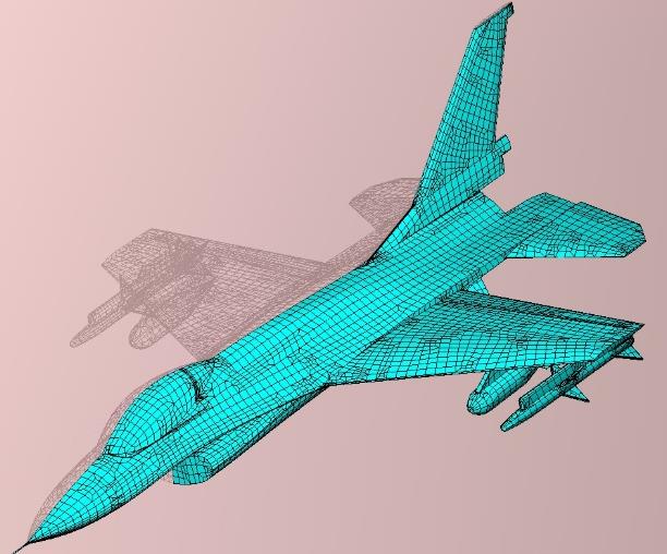 WIPL-D에서 3GHz 조건으로 메시가 생성된 F16 전투기 RCS 해석 모델