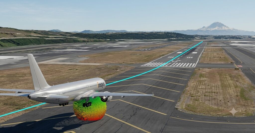 Ansys HFSS 및 EMIT 소프트웨어로 구현된 공항 활주로 착륙 경로 상의 항공기 전파 간섭 시뮬레이션 화면. 5G 기지국의 C-밴드(3.7-3.98 GHz) 대역 외 방출 전파가 항공기 레이더 고도계 안테나 수신부에 미치는 영향과 안테나 하단의 방사 패턴(Radiation Pattern)을 색상 필드로 시각화한 모습