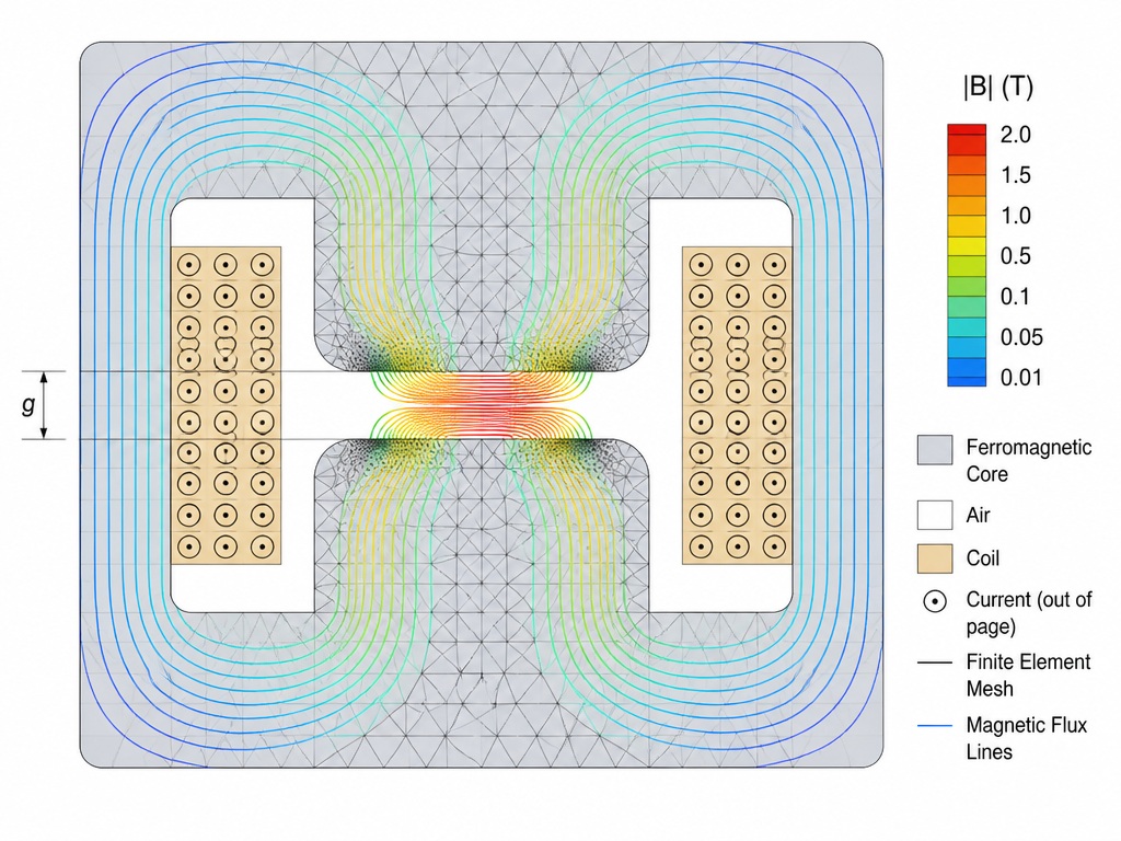 Ansys Maxwell FEM 해석에서 2D 단면 메시와 Adaptive Mesh 세분화를 보여주는 기술 도식