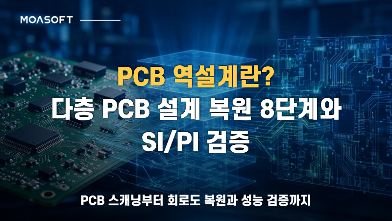 PCB 역설계란? 다층 PCB 기판을 배경으로 설계 복원 8단계와 SI/PI 검증 과정을 소개하는 이미지