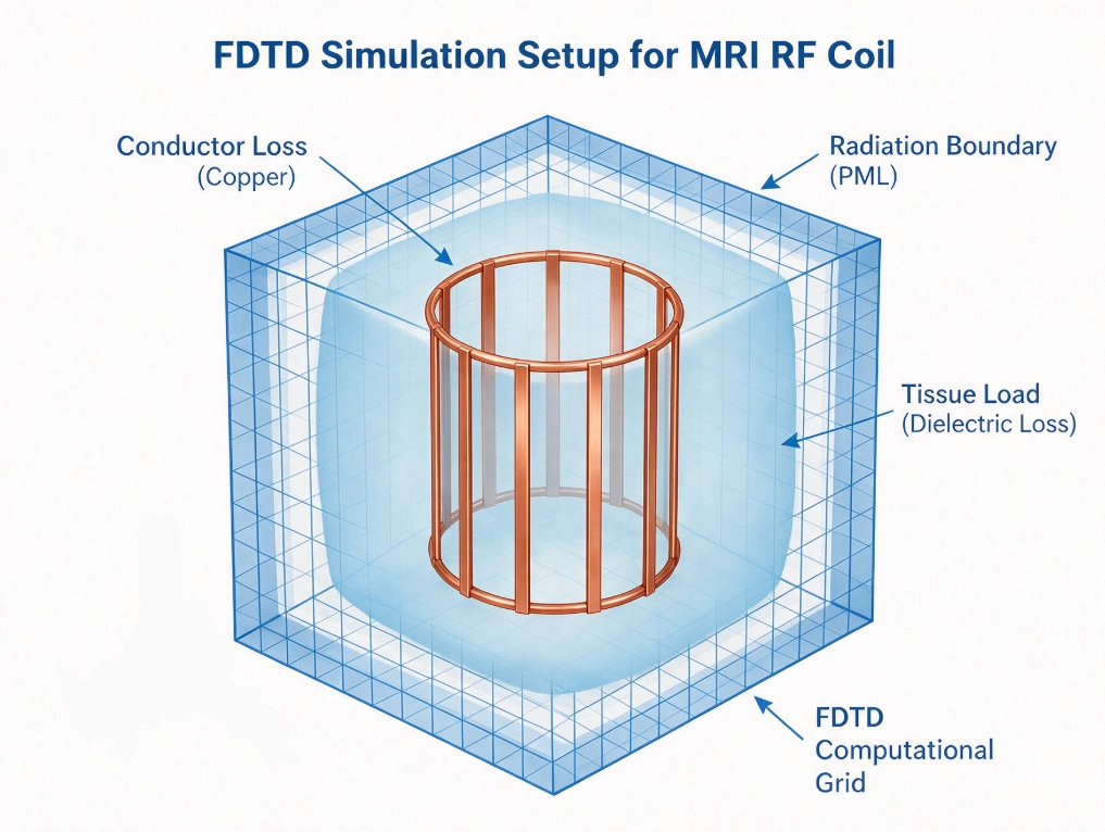 FDTD, FEM, 해석적 방법, 실제 측정값 비교를 나타낸 RF 코일 손실 분석 차트