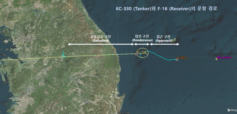 STK에서 설정한 KC-330과 KF-16 공중급유 비행 경로
