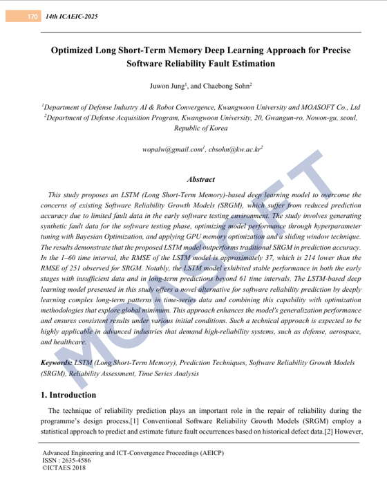 Optimized LSTM Deep Learning Approach for Precise Software Reliability Fault Estimation 논문 표지 및 초록