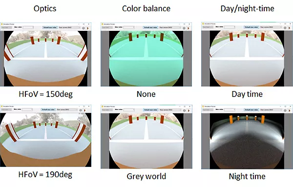 Ansys Speos에서 카메라 센서 시뮬레이션의 광학 색상 보정 주야간 설정 비교