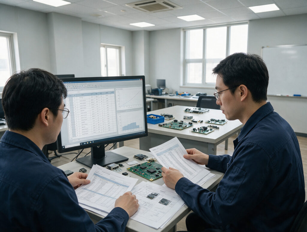 엔지니어들이 PCB 회로기판과 BOM 문서를 검토하며 전자장비의 MTBF 및 부품 신뢰도 분석을 수행하는 모습